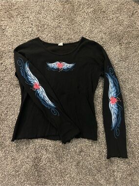 Black Long-Sleeve Graphic Tee with Blue Wing & Pink Heart Detail